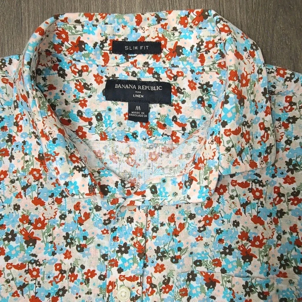 Banana Republic Slim Fit Floral Linen Cotton Button-Up Shirt Short Sleeve L